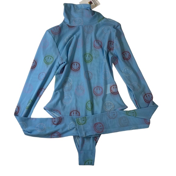 Tops - NWT BSR By Sami Miro Blue Long Sleeve Smile Print Mesh Turtleneck Bodysuit Small